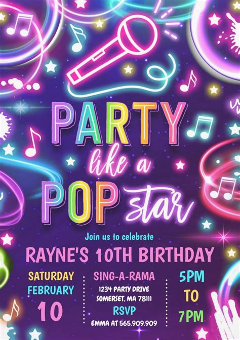 Party Like A Pop Star Neon Glow Pop Music Birthday Party Invitations