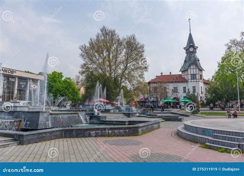Pazardjik, Bulgaria, April 22, 2022: Fountain in the Center of P ...