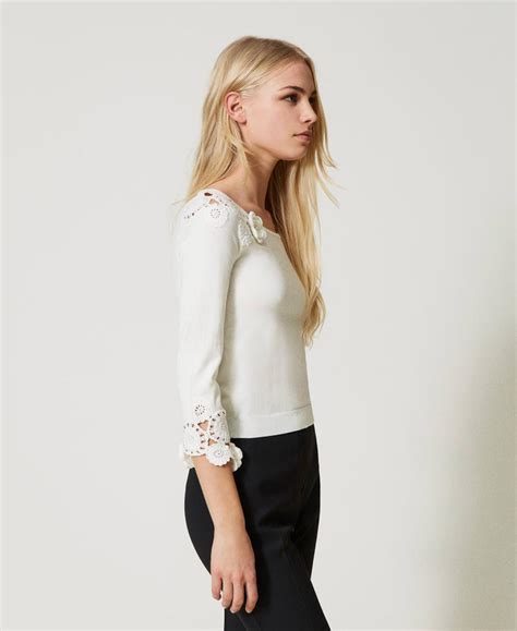 Jumper With Crochet Floral Embroidery Woman White Twinset Milano