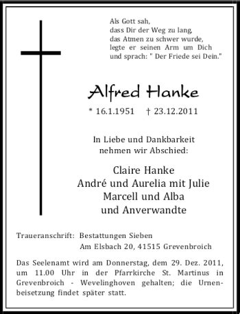 Alle Traueranzeigen F R Alfred Hanke Trauer Rp Online De