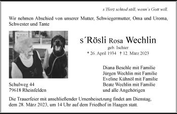 Traueranzeigen von Rosa Wechlin Schwarzwälder Bote Trauer