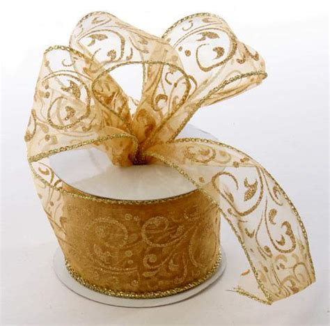 Gold Glitter Swirled Sheer Organza Wired Ribbon 10yrds Christmas