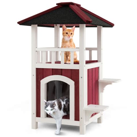 2-Story Wooden Cat House with Asphalt Roof Balcony and Rain Curtain ...