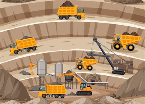 Landscape Of Coal Mining Scene With Crane And Trucks 2288178 Vector Art