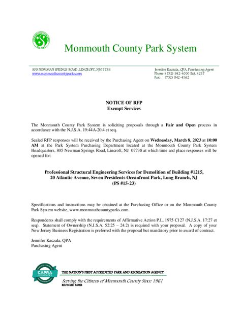 Fillable Online Monmouth County Park System Privacy Notice Fax Email