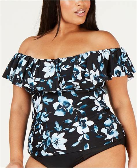 Plus Size Veronique Printed La Flor Ruffled Off The Shoulder Tankini