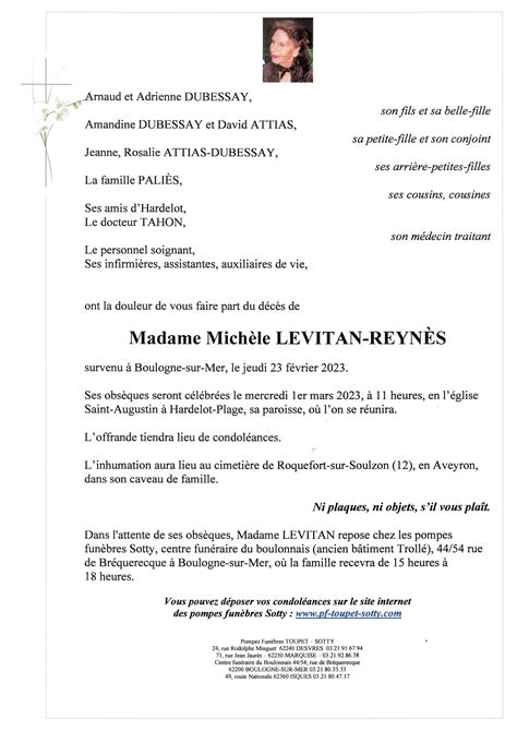 Madame Michèle LEVITAN REYNÈS Pompes Funèbres Toupet Sotty