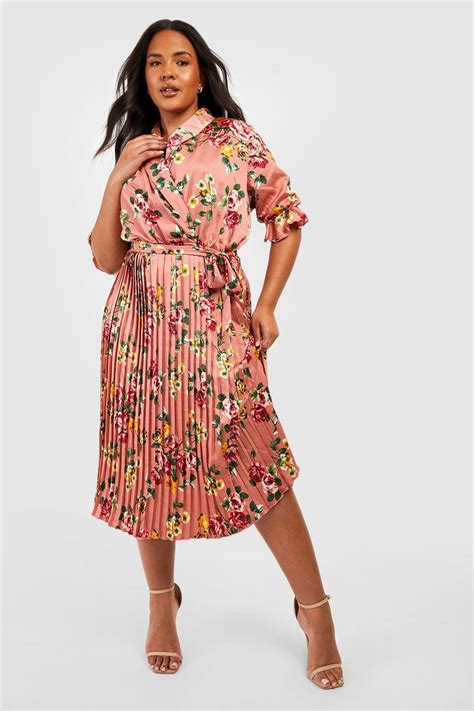 Plus Satin Floral Pleated Midi Skater Dress Boohoo