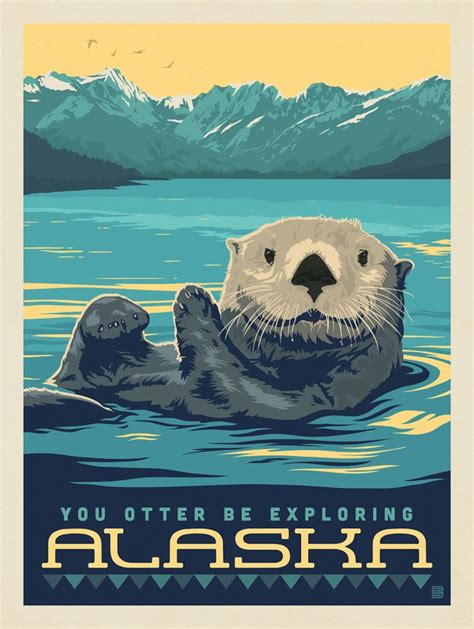 Alaska State Vintage Travel Poster Usa Otter Retro Print Etsy