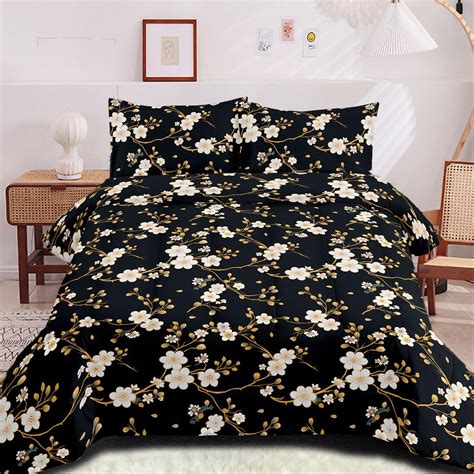 Ccoutuechen Black Floral Comforter Set Full Size Gold White