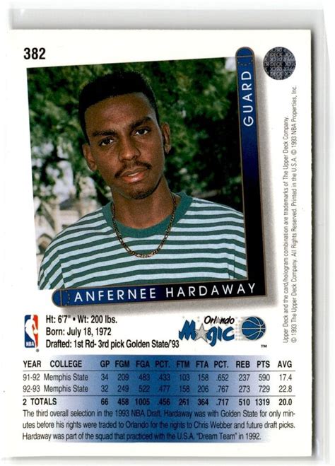 1993 94 Upper Deck Anfernee Hardaway Rookie Orlando Magic 382 EBay