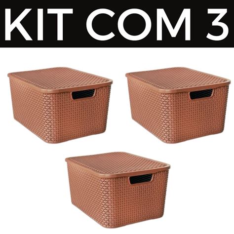 Kit Cesto Caixa Organizadora Rattan Tampa Litros Marrom