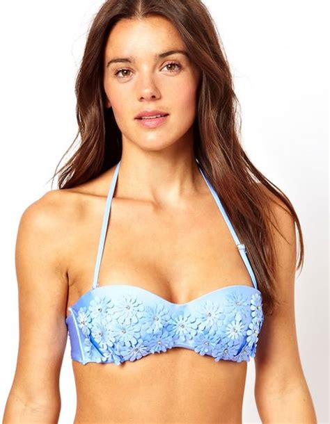 River Island Donatella Bandeau Bikini Top With Floral Applique In Blue