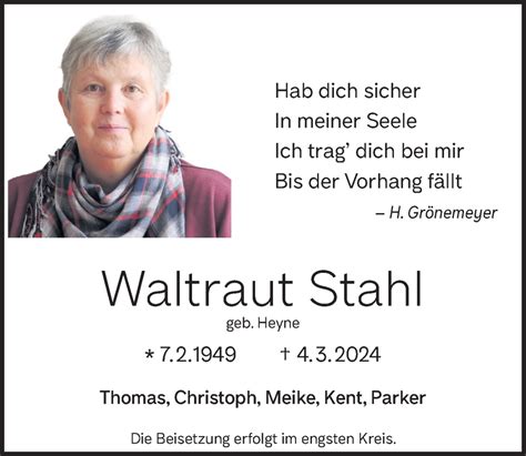 Traueranzeigen Von Waltraut Stahl Trauer Anzeigen De