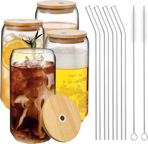 Drinking Glasses With Bamboo Lids And Glass Straw 4pcs Set 16oz Can Shaped Glass