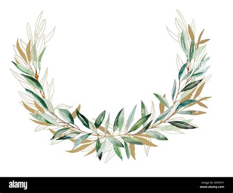 Watercolor Olive Branch Gold Frame Illustration Stock Photo Alamy