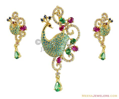 22k Peacock Stones Pendant Set Psfc14297 22k Gold Peacock Pendant Earring Set Beautifully