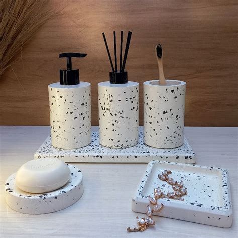 Kit De Banheiro Lavabo Saboneteira Porta Escova Difusor Granilite