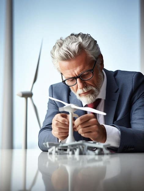 Premium AI Image Mature Businessman Examining Wind Turbine Model