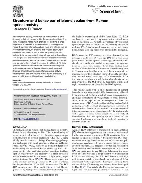 Pdf Structure And Behaviour Of Biomolecules From Raman Optical