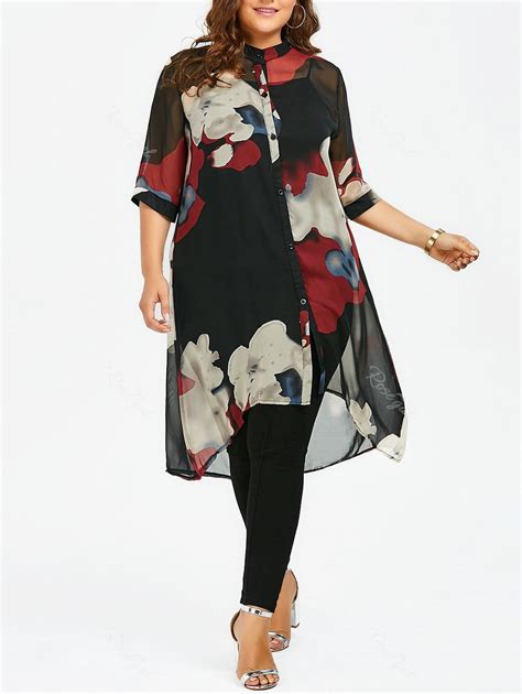 [45 Off] Plus Size Button Up Printed Chiffon Flowy Tunic Top Rosegal