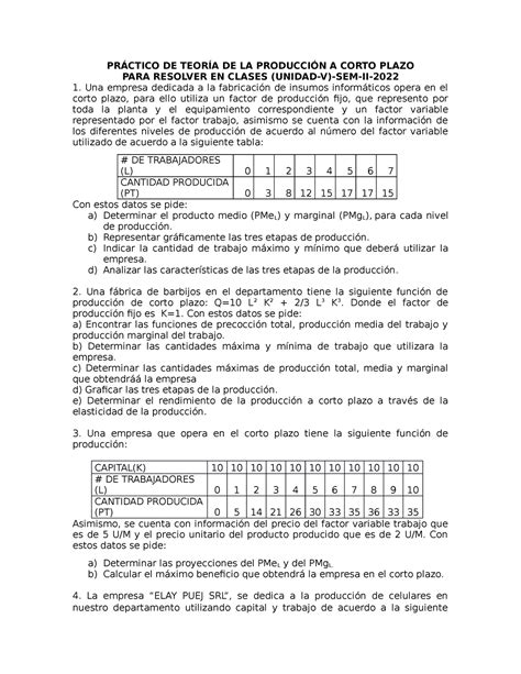 Ejercicios Clases T Produc Corto Plazo Sem Ii Pr Ctico De