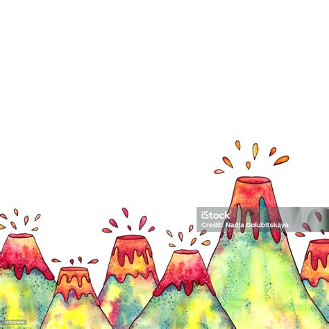 Handdrawn Watercolor Volcanos Eruption Seamless Border On White