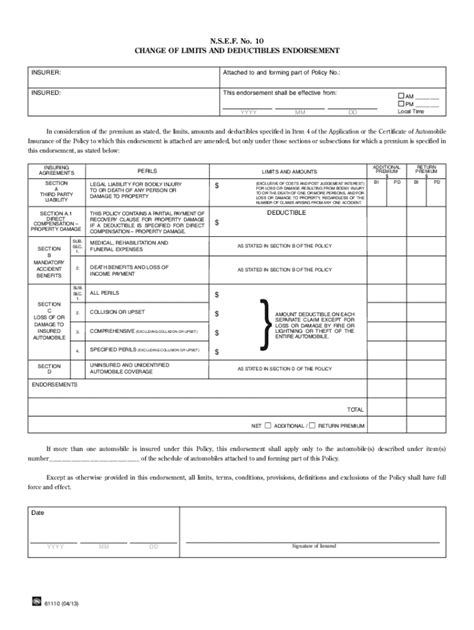 Fillable Online NSEF 10 Change Of Limits And Deductibles Endorsement