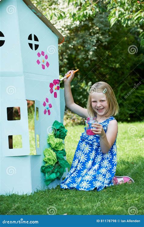 Young Girl Painting Home Made Cardboard House Stock Photo Image Of