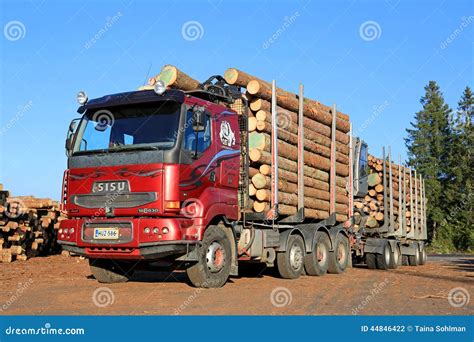 Red Sisu 18E630 Timber Truck Ready To Unload Logs Editorial Photography