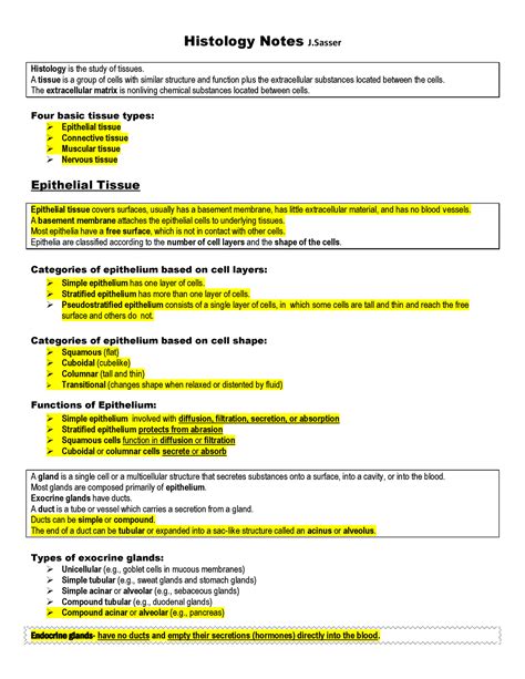 Histology Notes For Lecture Histology Notes J Histology Is The Study