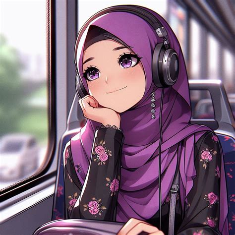 Anime Girl In Purple Hijab Sitting In A Bus By Muhsinman On Deviantart