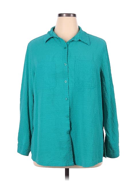 White Stag Checkered Gingham Blue Teal Long Sleeve Button Down Shirt