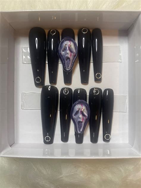 Ghostface Nails Halloween Nails Black Nails Long Nails Etsy