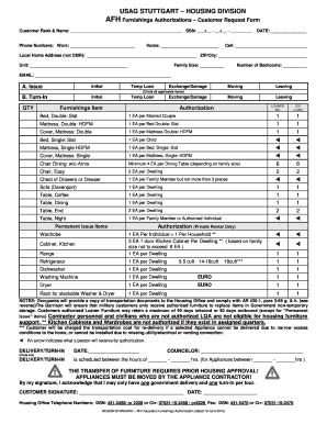 Fillable Online Usag Stuttgart Housing Division Afh Furnishings Fax