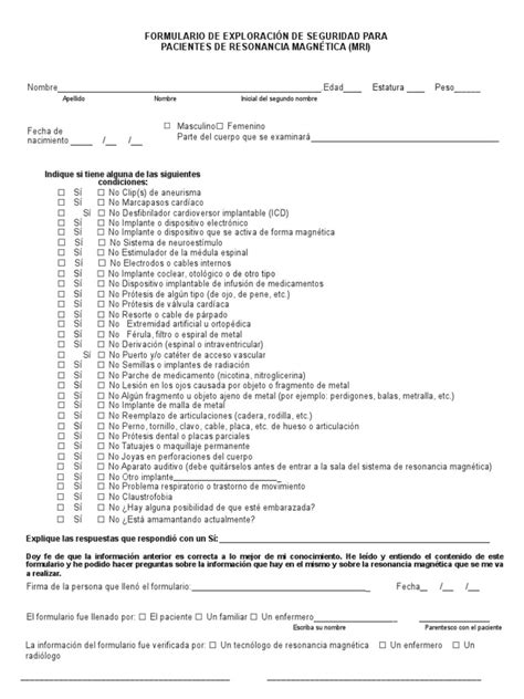 Mri Patient Safety Screening Form Spanish 1 Pdf Imagen De