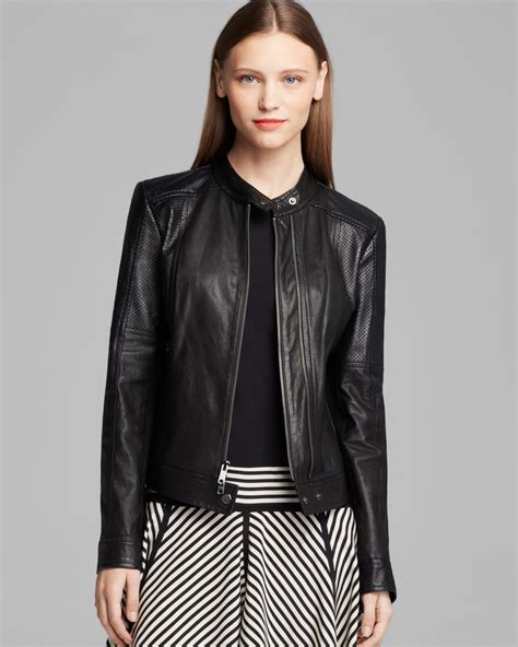 Dkny Band Collar Leather Jacket in Black | Lyst