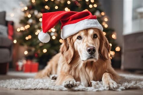 Premium AI Image | xmas theme Dog wearing a Santa hat with Christmas decorations in the background