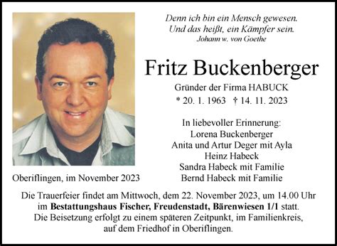 Traueranzeigen Von Fritz Buckenberger Abschied Nehmen De