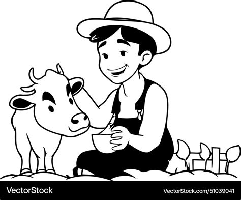 Farmer with a cow in cartoon style on white Vector Image