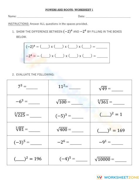 Powers And Roots Worksheet 1 Worksheet