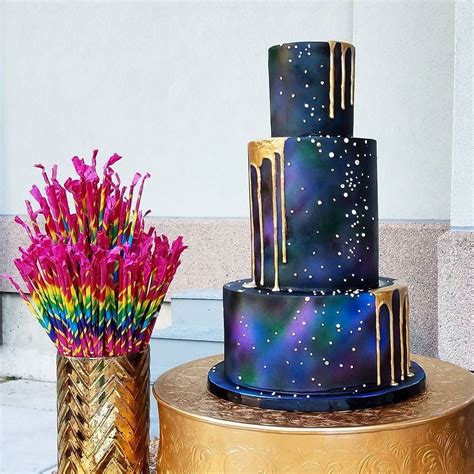 Dark Galaxy Cake With Gold Drips For A Really Cool Bride Check