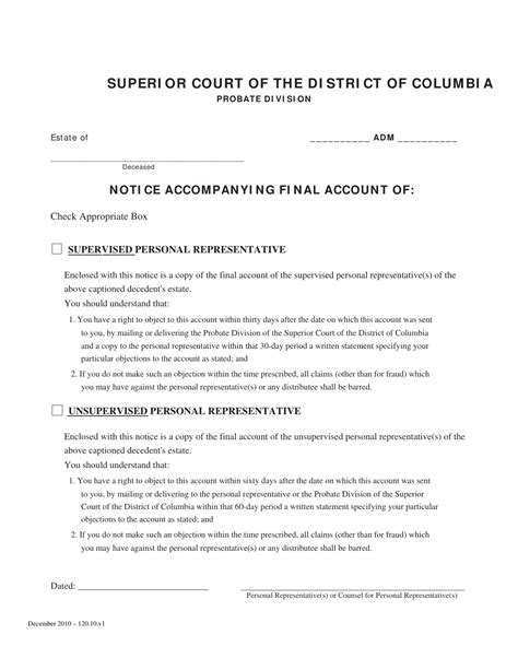 Washington D C Notice Accompanying Final Account Fill Out Sign