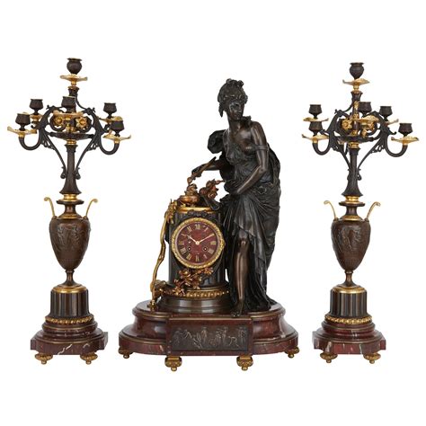 Antique Marble Patinated And Gilt Bronze Clock Set By Gervais For Sale