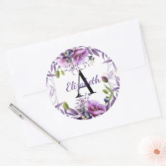 Pretty Watercolor Purple Poppy Wreath Monogram Classic Round Sticker ...