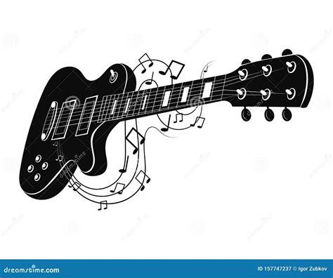 Electric Guitar Makes a Sound. Black and White Guitar with Notes ...