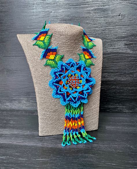 Huichol Art Style Beadwork Blue And Orange Flower Girl Etsy