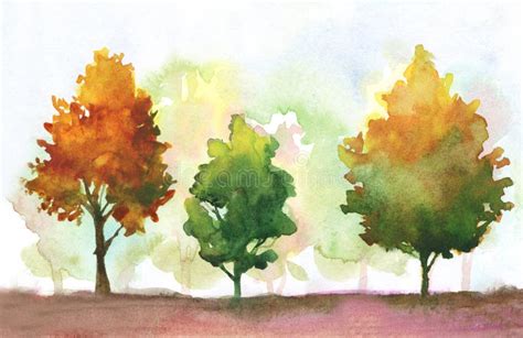 Watercolor Autumn Trees Fall Park Theme Illustration With Orange