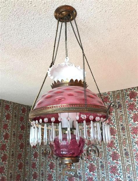 Cranberry Glass Hanging Light Fixture Brass Frame Glass Prisms With Smoke Bell Electric