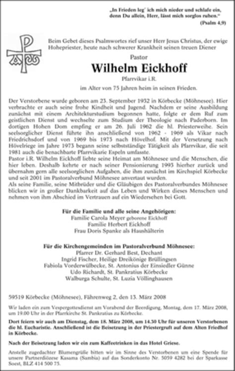 Traueranzeigen Von Wilhelm Eickhoff Trauer In Nrw De